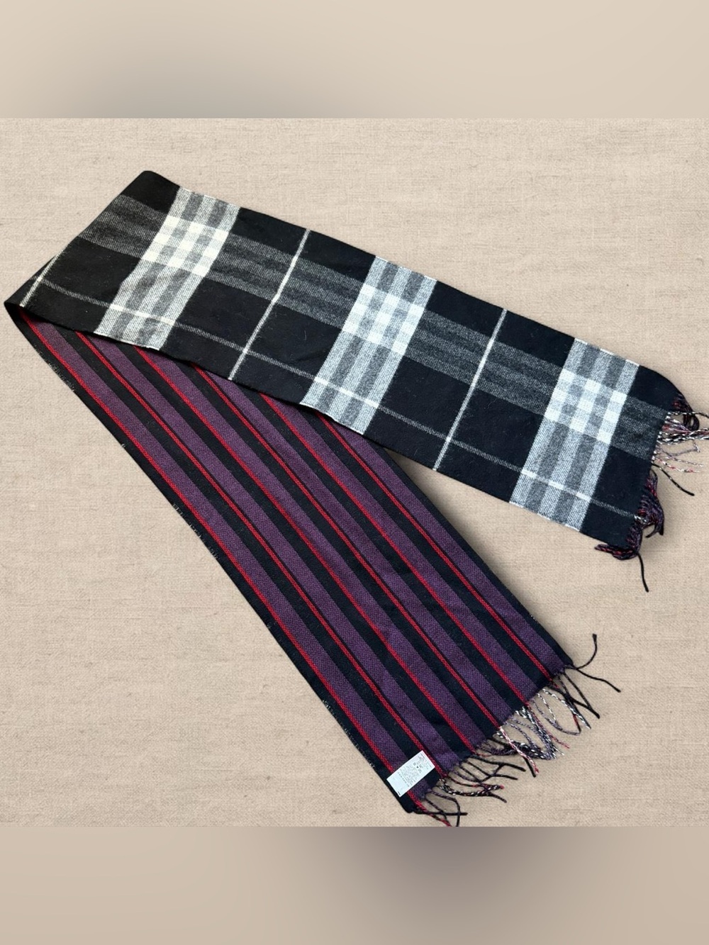 Burberry Reversible Scarf Check & Stripe Merino Wool Cashmere Scotland Made